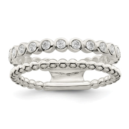 Sterling Silver Polished Cz Beaded Double Fancy Ring