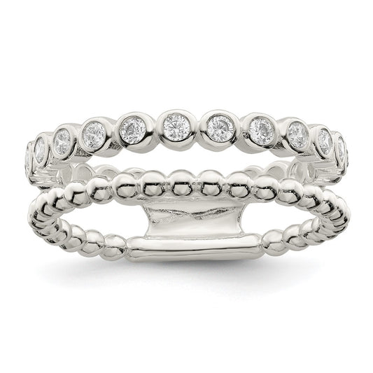Sterling Silver Polished Cz Beaded Double Fancy Ring