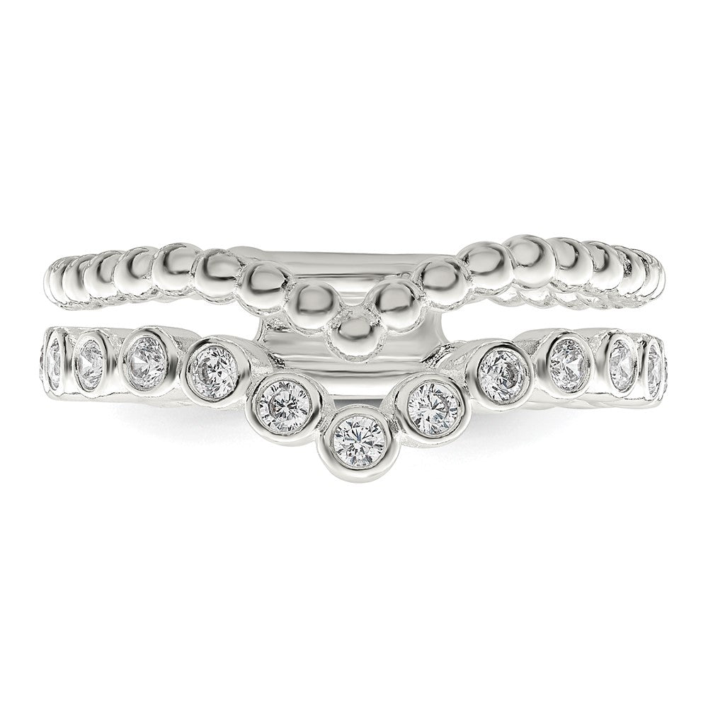 Sterling Silver Polished Cz Beaded Double Fancy Ring