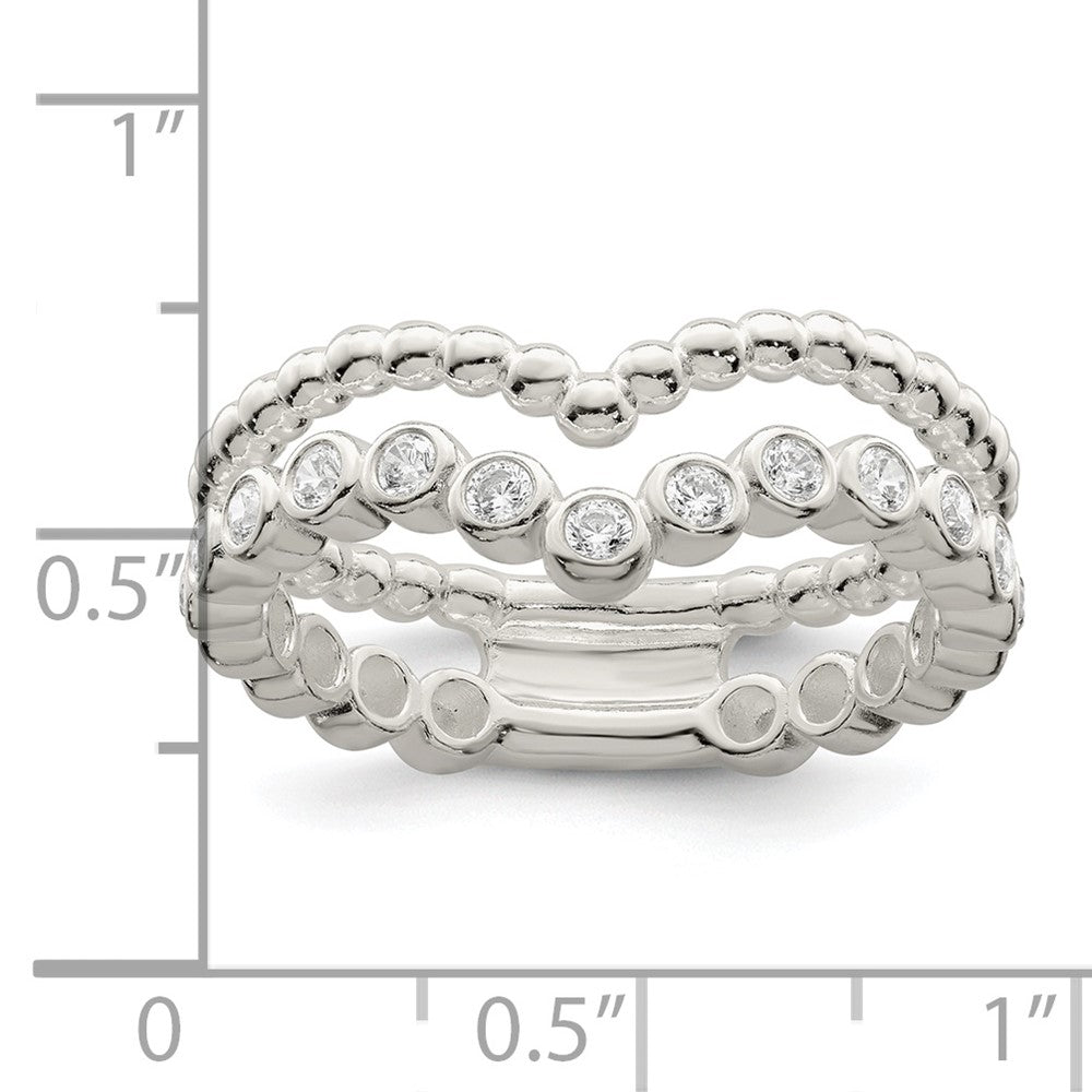 Sterling Silver Polished Cz Beaded Double Fancy Ring