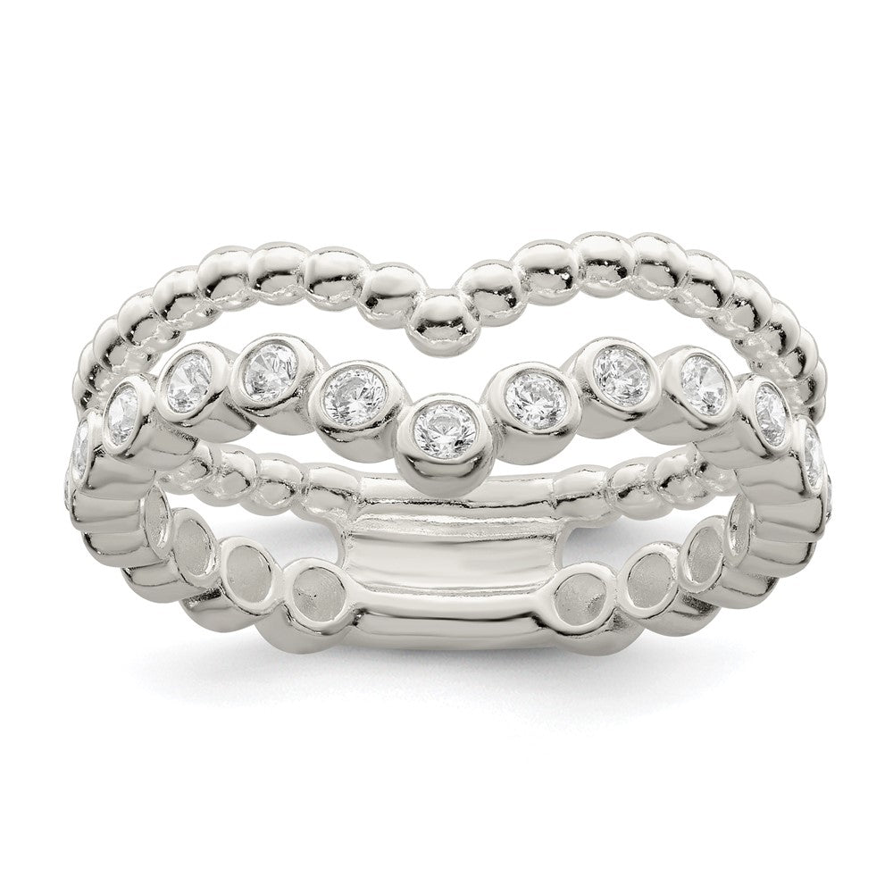 Sterling Silver Polished Cz Beaded Double Fancy Ring