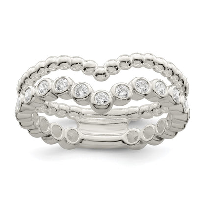 Sterling Silver Polished Cz Beaded Double Fancy Ring