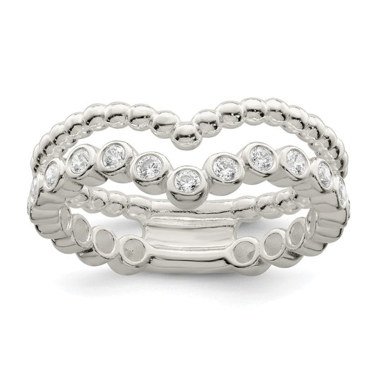 Sterling Silver Polished Cz Beaded Double Fancy Ring