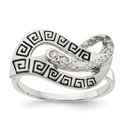 Sterling Silver Polished Cz Enameled Greek Key Ring