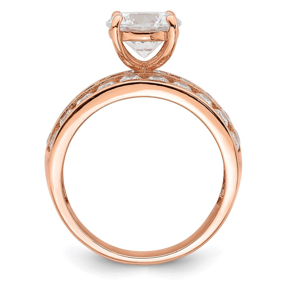 Sterling Silver Polished Rose Tone 3 Row Cz Ring