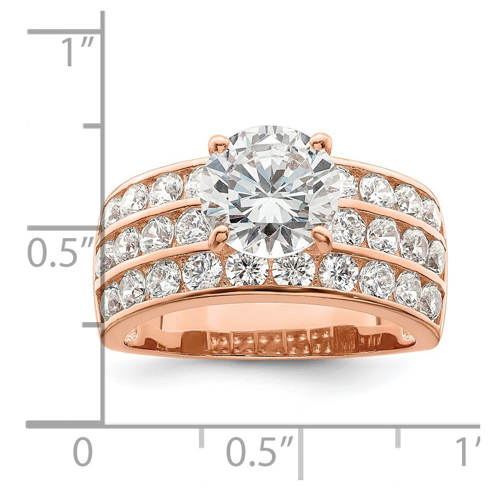 Sterling Silver Polished Rose Tone 3 Row Cz Ring