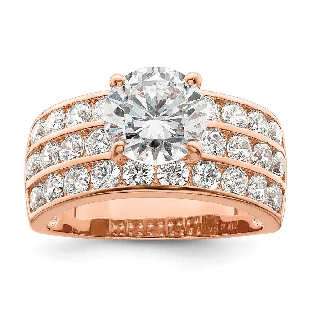 Sterling Silver Polished Rose Tone 3 Row Cz Ring
