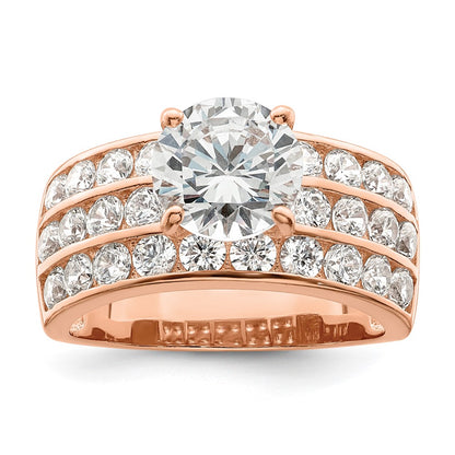 Sterling Silver Polished Rose Tone 3 Row Cz Ring