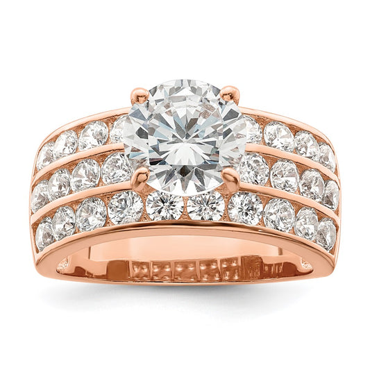 Sterling Silver Polished Rose Tone 3 Row Cz Ring