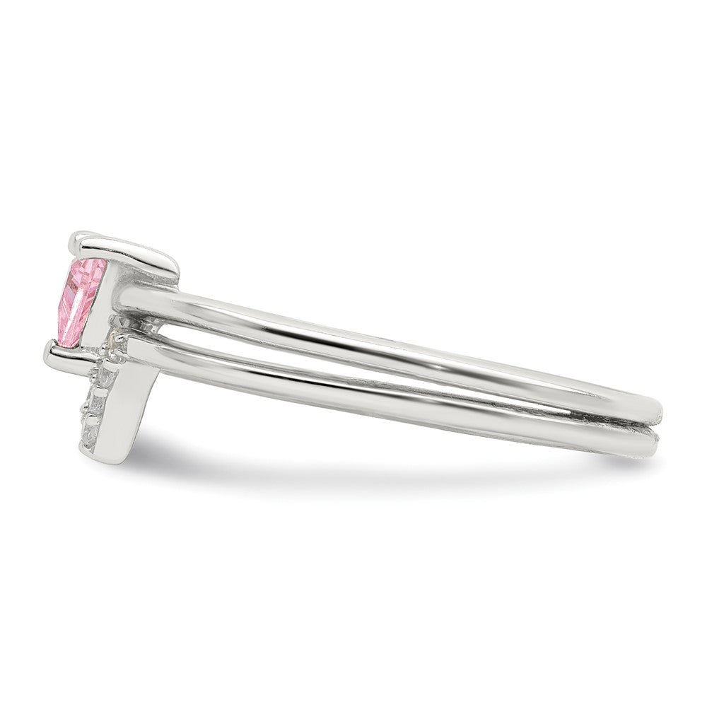 Sterling Silver Pink Trillion Cz And White Ring Set