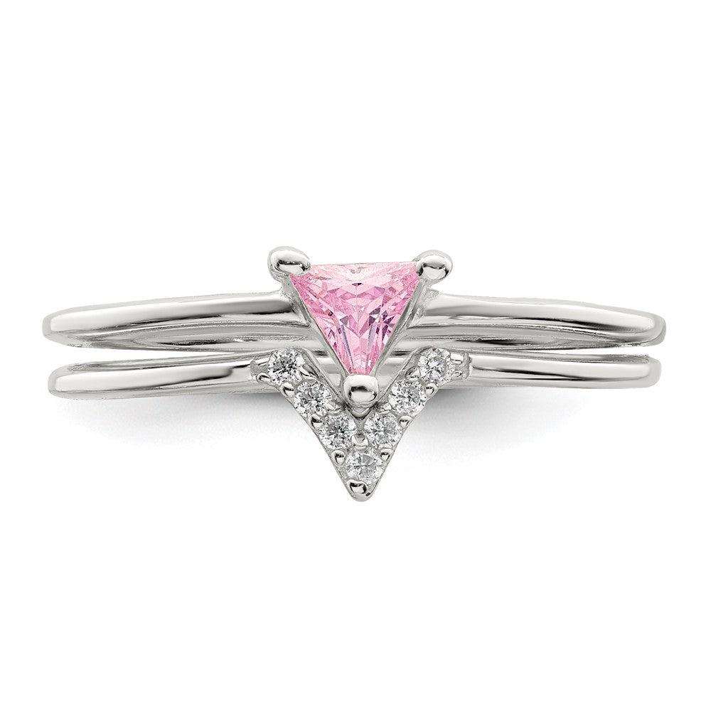 Sterling Silver Pink Trillion Cz And White Ring Set