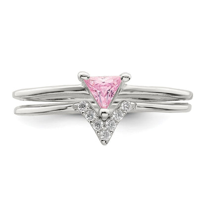 Sterling Silver Pink Trillion Cz And White Ring Set