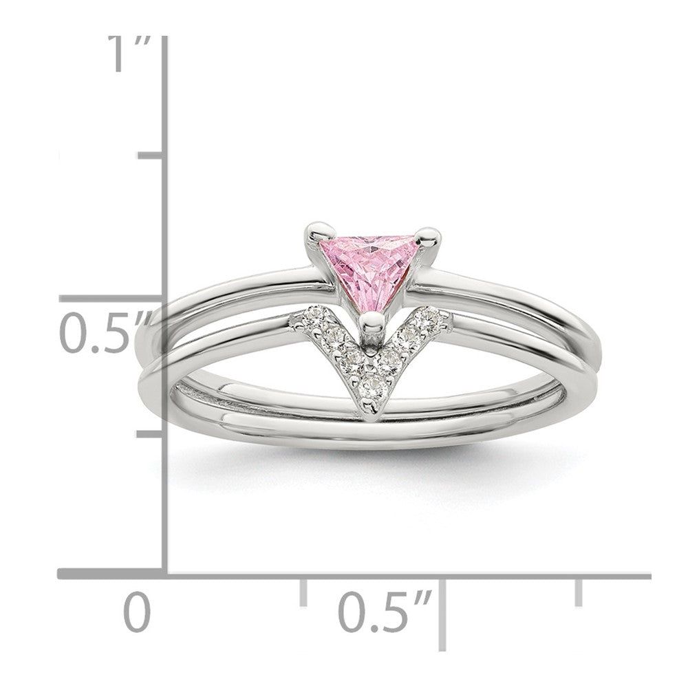 Sterling Silver Pink Trillion Cz And White Ring Set
