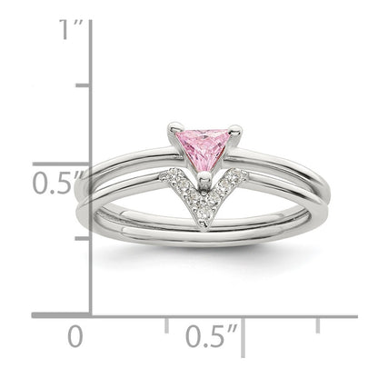 Sterling Silver Pink Trillion Cz And White Ring Set