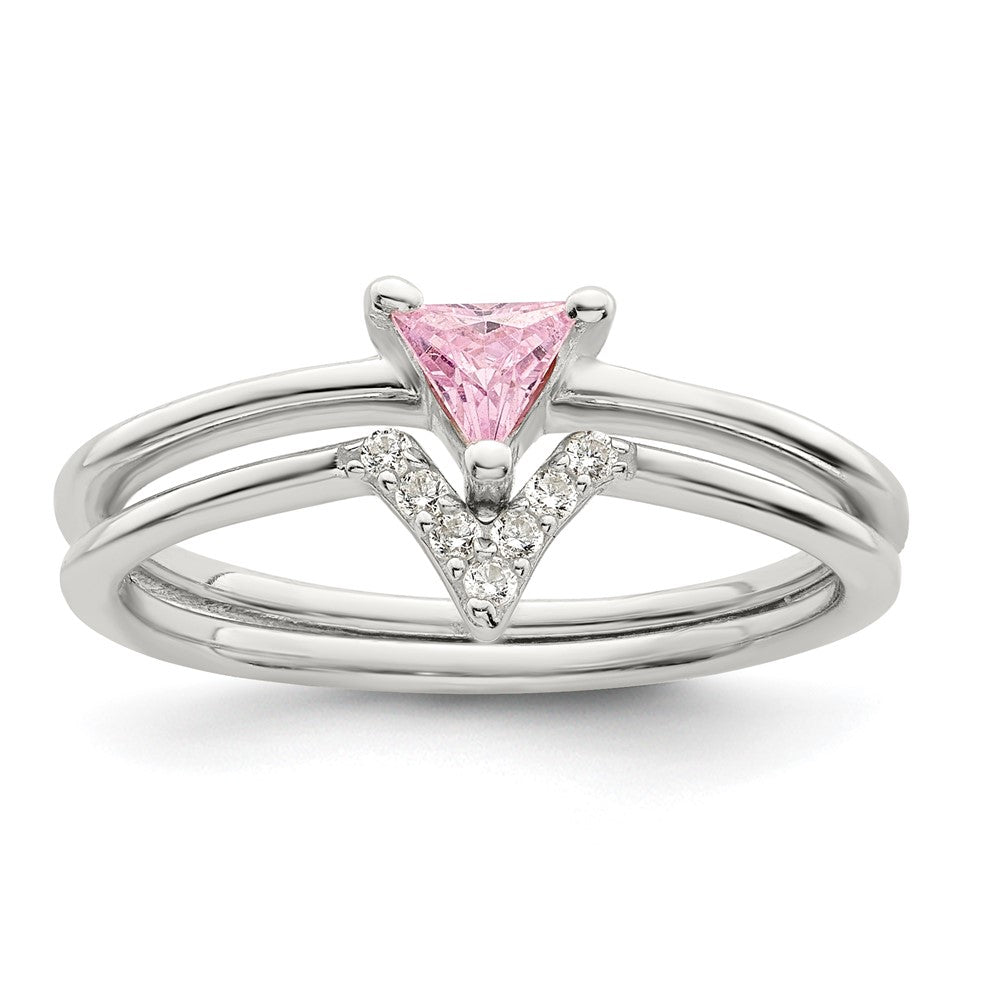 Sterling Silver Pink Trillion Cz And White Ring Set