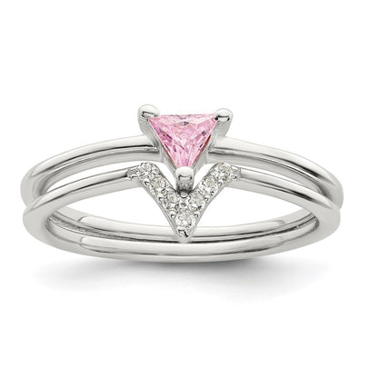 Sterling Silver Pink Trillion Cz And White Ring Set