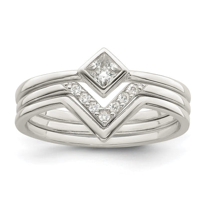 Sterling Silver Polished Square Cz 3 Ring Set