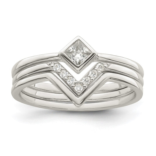 Sterling Silver Polished Square Cz 3 Ring Set