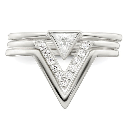 Sterling Silver Polished Triangle Cz 3 Ring Set