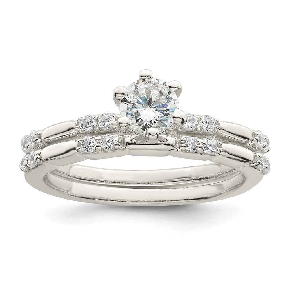 Sterling Silver Polished Cz Wedding Ring Set