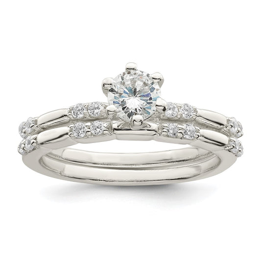 Sterling Silver Polished Cz Wedding Ring Set