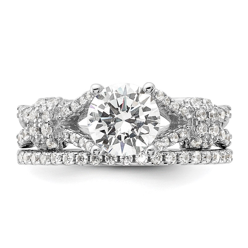 Sterling Silver Rhodium Plated Polished Cz Engagement And Band Set