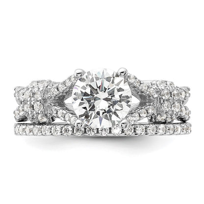 Sterling Silver Rhodium Plated Polished Cz Engagement And Band Set