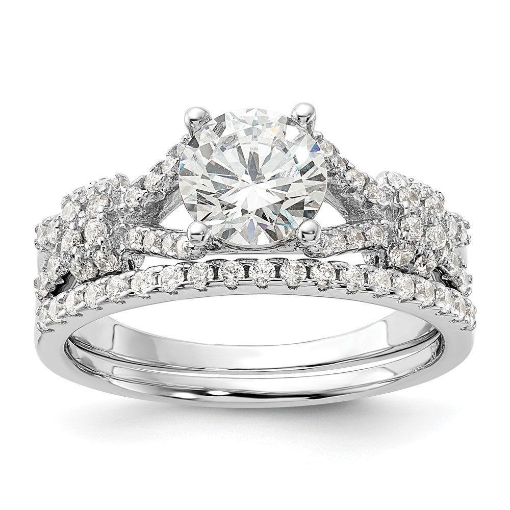 Sterling Silver Rhodium Plated Polished Cz Engagement And Band Set
