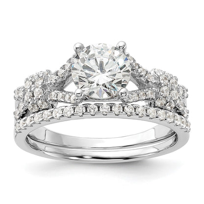 Sterling Silver Rhodium Plated Polished Cz Engagement And Band Set