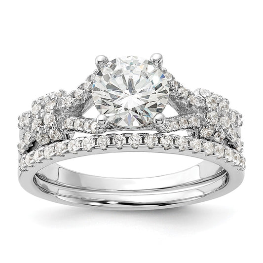 Sterling Silver Rhodium Plated Polished Cz Engagement And Band Set