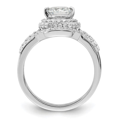 Sterling Silver Rhodium Plated Cz Halo Engagement Ring & Band Set