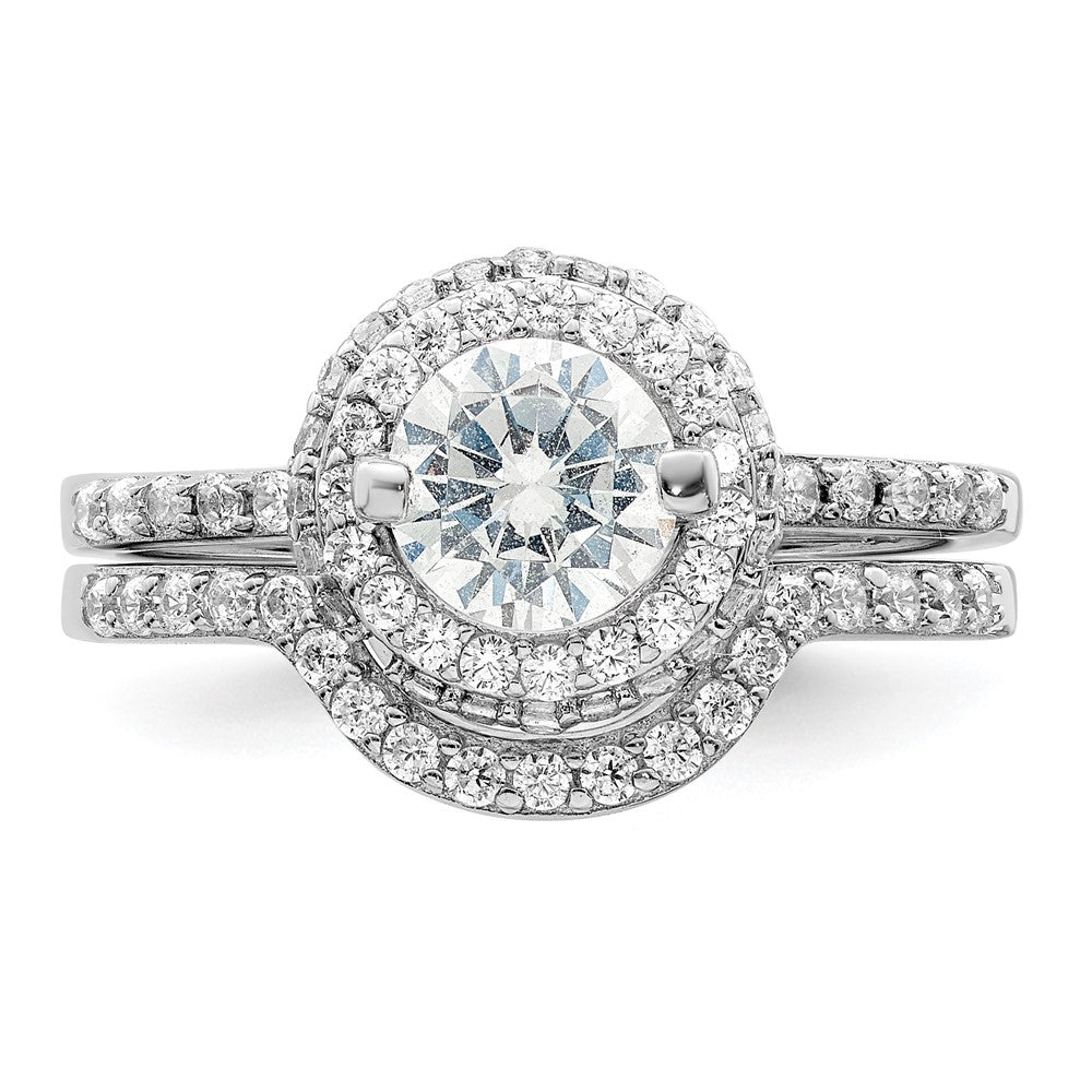 Sterling Silver Rhodium Plated Cz Halo Engagement Ring & Band Set