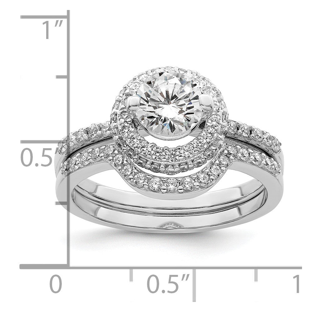 Sterling Silver Rhodium Plated Cz Halo Engagement Ring & Band Set