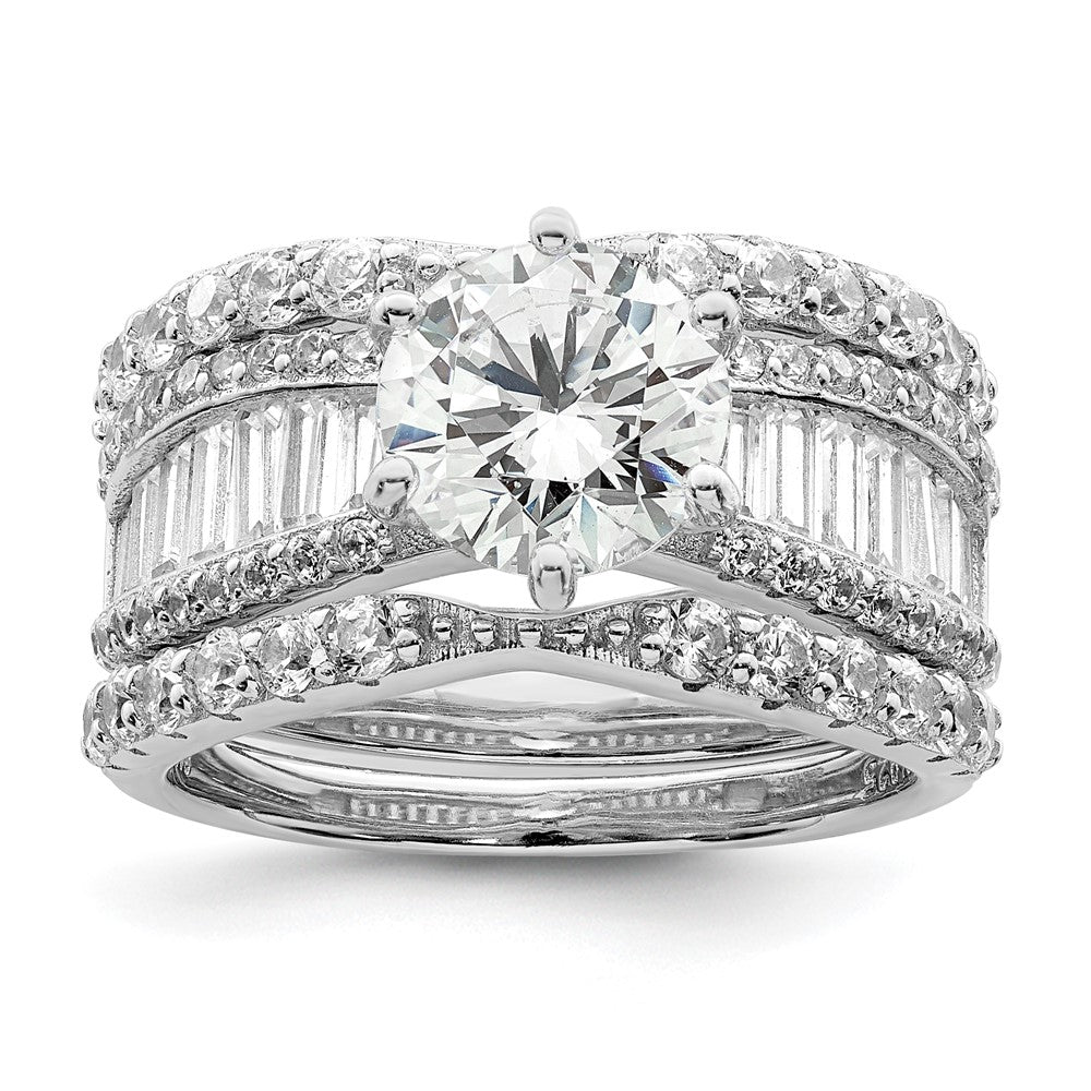 Sterling Silver Polished Rhodium Plated Cz Trio 3 Ring Set