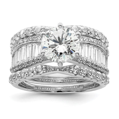 Sterling Silver Polished Rhodium Plated Cz Trio 3 Ring Set