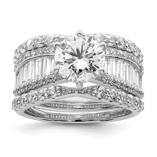 Sterling Silver Polished Rhodium Plated Cz Trio 3 Ring Set