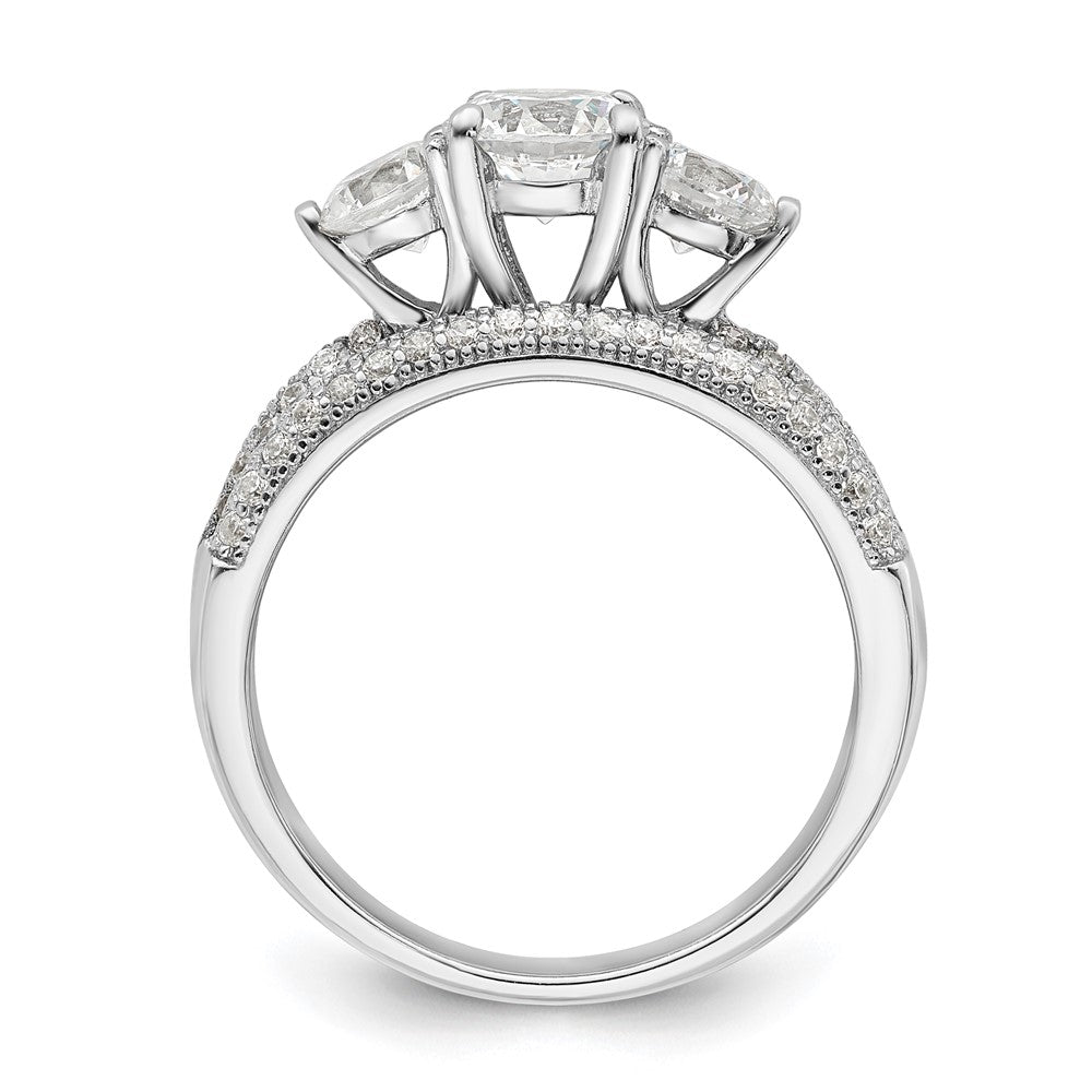 Sterling Silver Rhodium Plated Cz 3 Stone Pave Band Engagement Ring Set