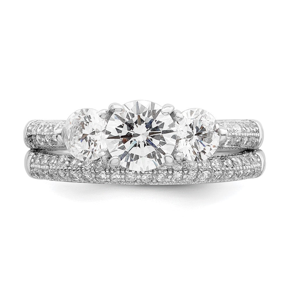 Sterling Silver Rhodium Plated Cz 3 Stone Pave Band Engagement Ring Set