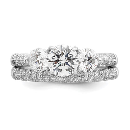 Sterling Silver Rhodium Plated Cz 3 Stone Pave Band Engagement Ring Set