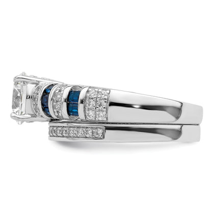 Sterling Silver Rhodium Plated Polished Blue & White Cz Engagement Band R