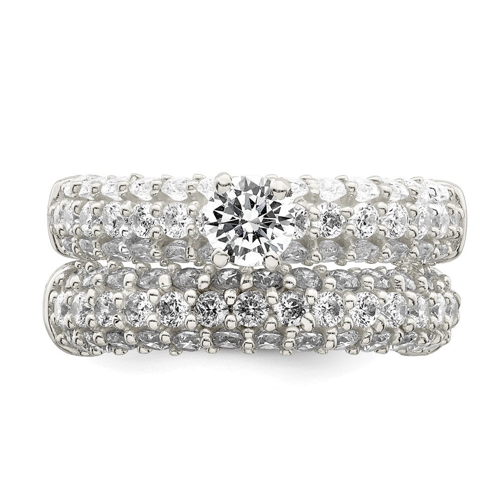 Sterling Silver Polished Pave Cz Wedding Ring Set