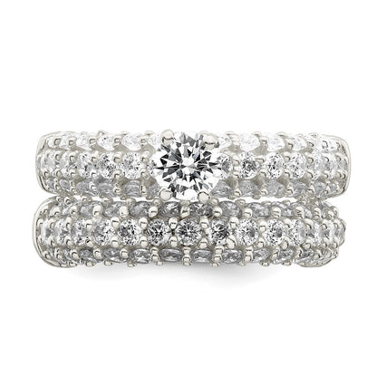Sterling Silver Polished Pave Cz Wedding Ring Set