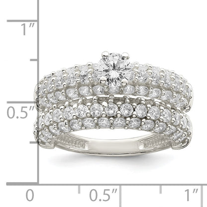 Sterling Silver Polished Pave Cz Wedding Ring Set