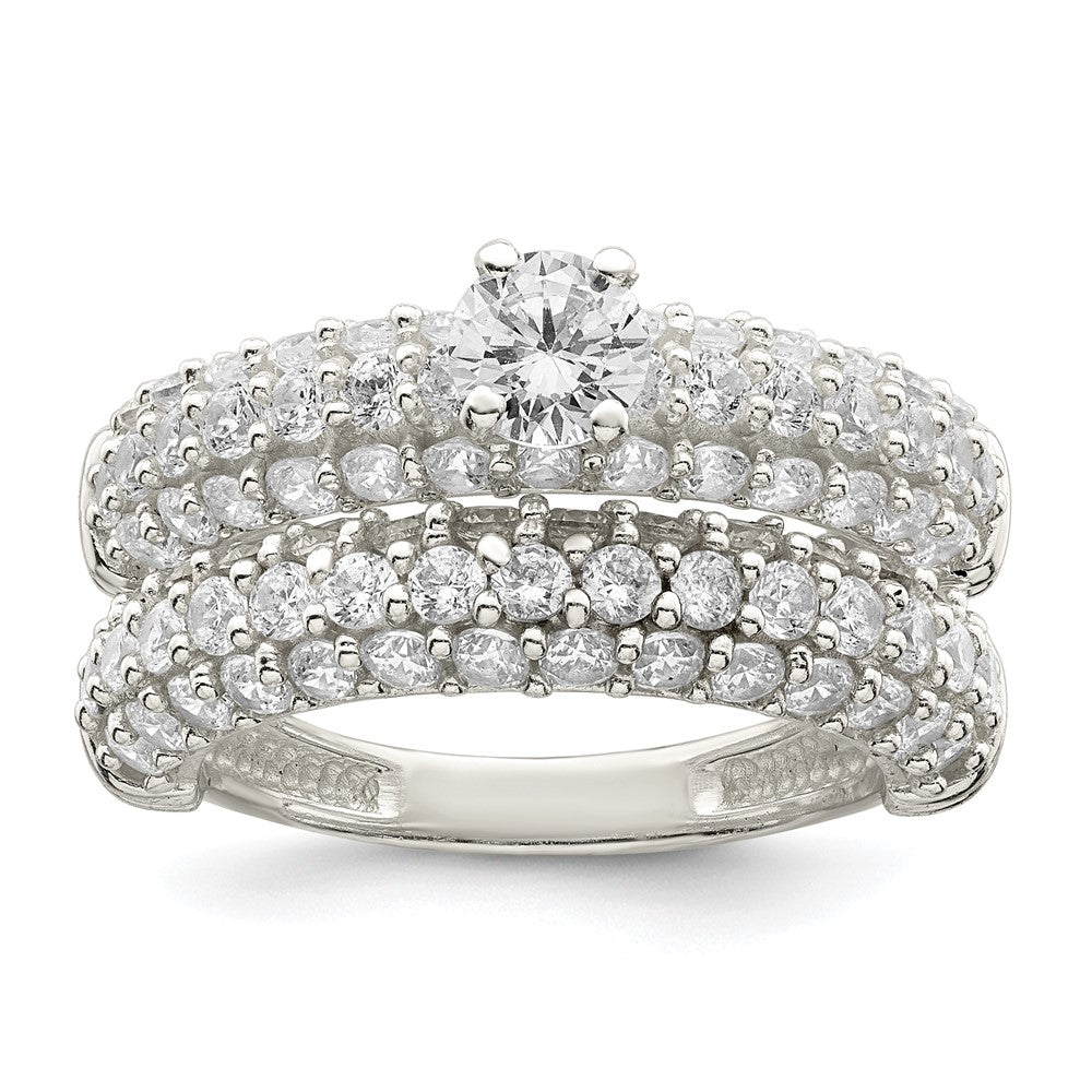 Sterling Silver Polished Pave Cz Wedding Ring Set