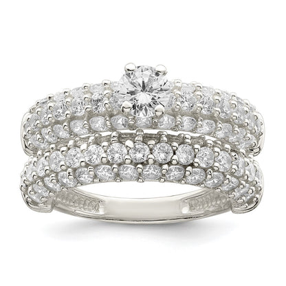 Sterling Silver Polished Pave Cz Wedding Ring Set