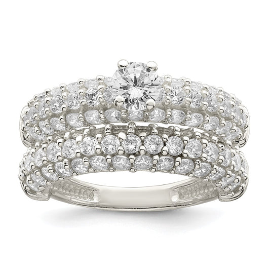 Sterling Silver Polished Pave Cz Wedding Ring Set
