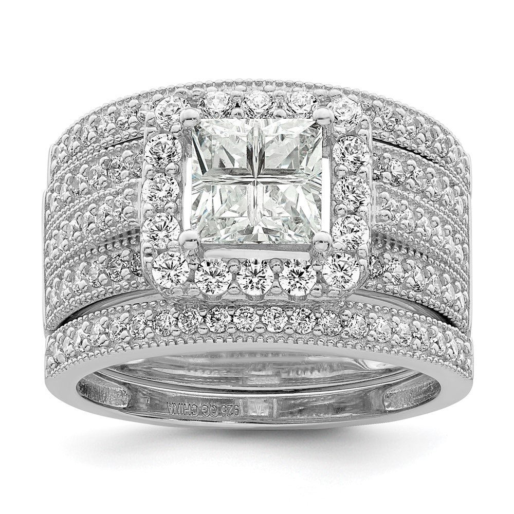 Sterling Silver Rhodium Plated Cz 3 Piece Bridal Ring Set