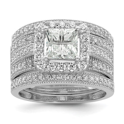 Sterling Silver Rhodium Plated Cz 3 Piece Bridal Ring Set
