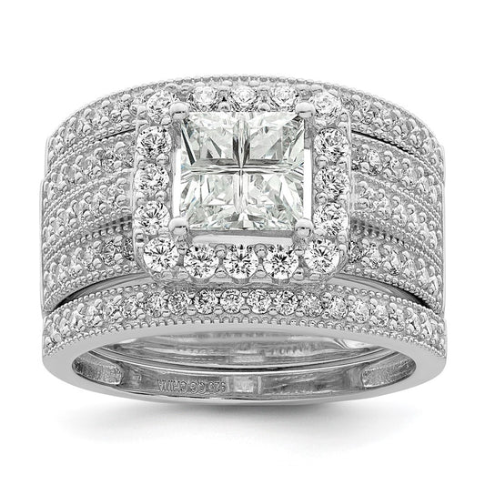 Sterling Silver Rhodium Plated Cz 3 Piece Bridal Ring Set