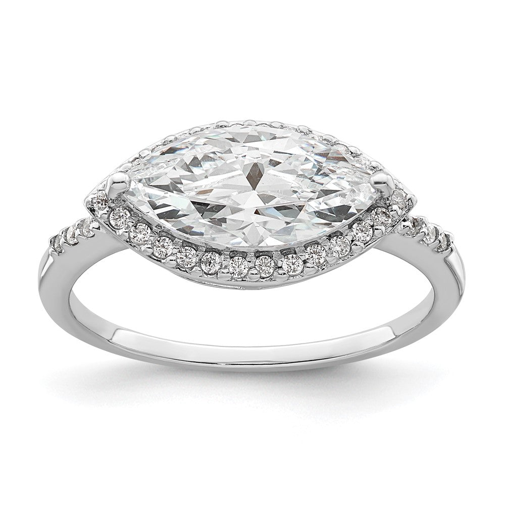 Sterling Silver Rhodium Plated Marquise Halo Cz Ring